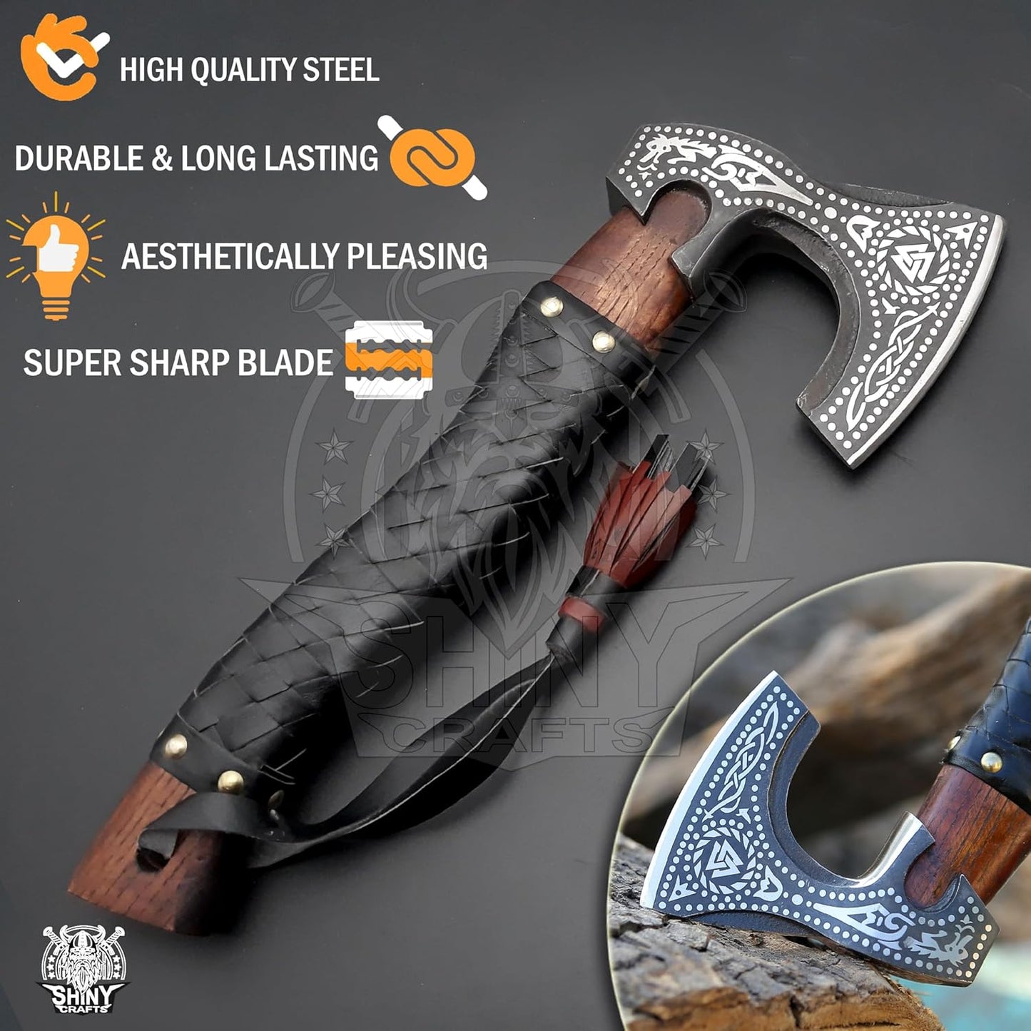SHINY CRAFTS®- Engraved Viking Axe – Gift for Outdoorsman Hand-Forged Hatchet with Leather Wrap Ideal for Holiday or Wedding Gifts (SCA-10)