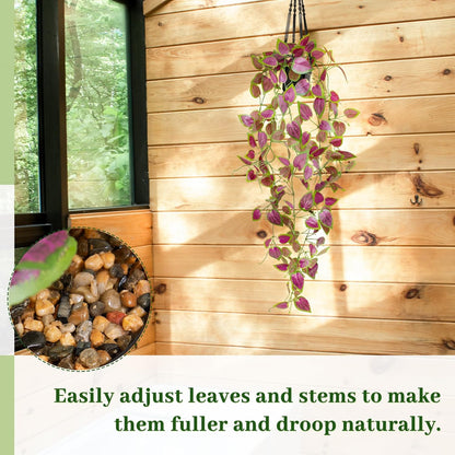 Artificial Hanging Potted Plants, Small Fake Purple Potted Plant Faux Ivy Vine Plant for Shelf Home Office Indoor Outdoor Garden Greenery Decor (Black Pot)