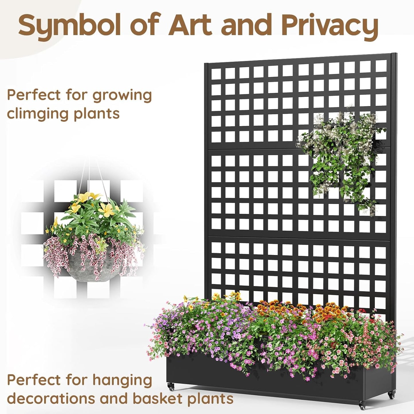 Metal Raised Garden Bed with Trellis & Wheels,72" x 47"x 15.7" Planter Box with Trellis,Privacy Planters for Patio,Garden Bed for Climbing Plants,Suitable for Climbing Plants and Vegetables,Black
