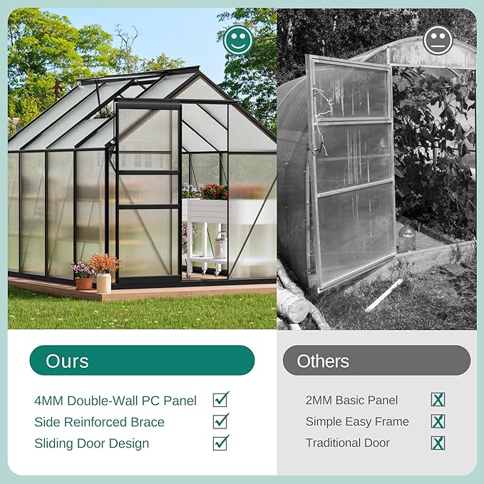 YITAHOME Polycarbonate 6x8FT Greenhouse Heavy Duty Green Houses Outdoor Greenhouses Aluminum Sliding Doors Vent Window Premium Large Sun House for Garden Backyard, Black