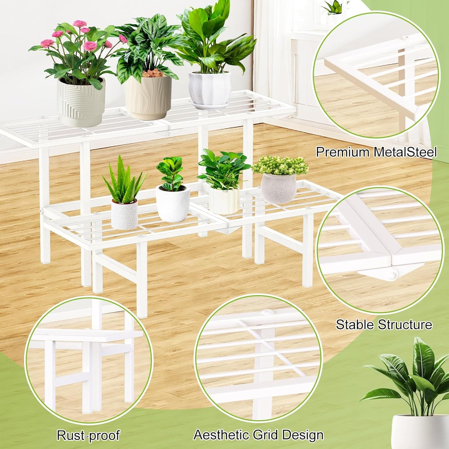 2 Tier Metal Foldable Plant Stand Outdoor Indoor Waterproof, Stackable Heavy Duty Outdoor Plant Shelf, Ladder Plant Stands Display Rack for Garden Window, White