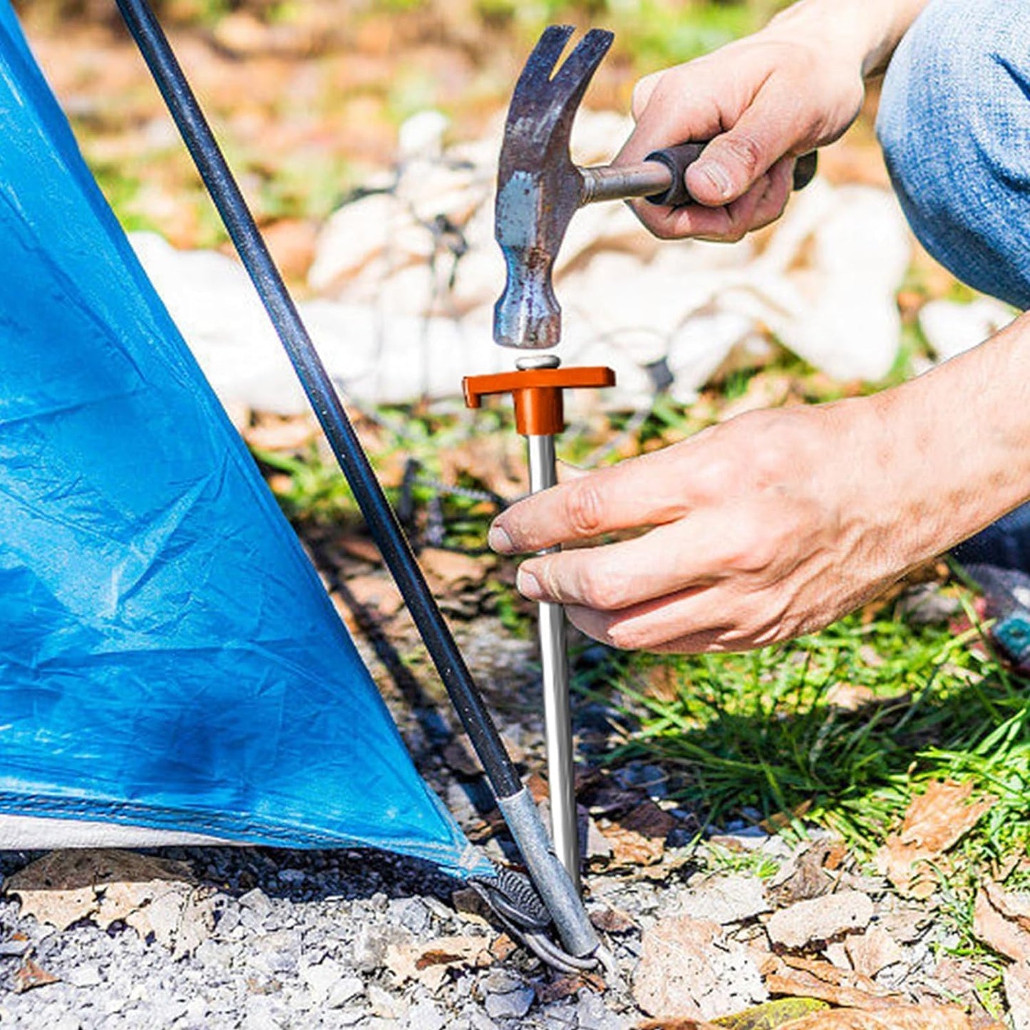 Eurmax USA Galvanized Non-Rust Camping Family Tent Pop Up Tent Stakes Ice Tools Heavy Duty 20pc-Pack, with 4x10ft Ropes & 1 Orange Stopper