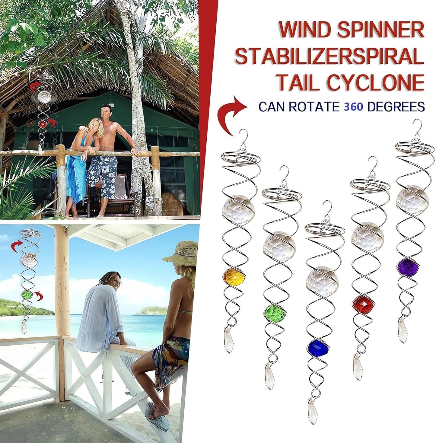 Decorative Spiral - 2024 New Gazing Ball Spiral Tail Wind Spinner Stabilizer, Spinfinity Designs Hanging Kinetic Wind Spinners Decorative Spiral Crystal Sun Catchers Rainbow Maker (Red, 12in)