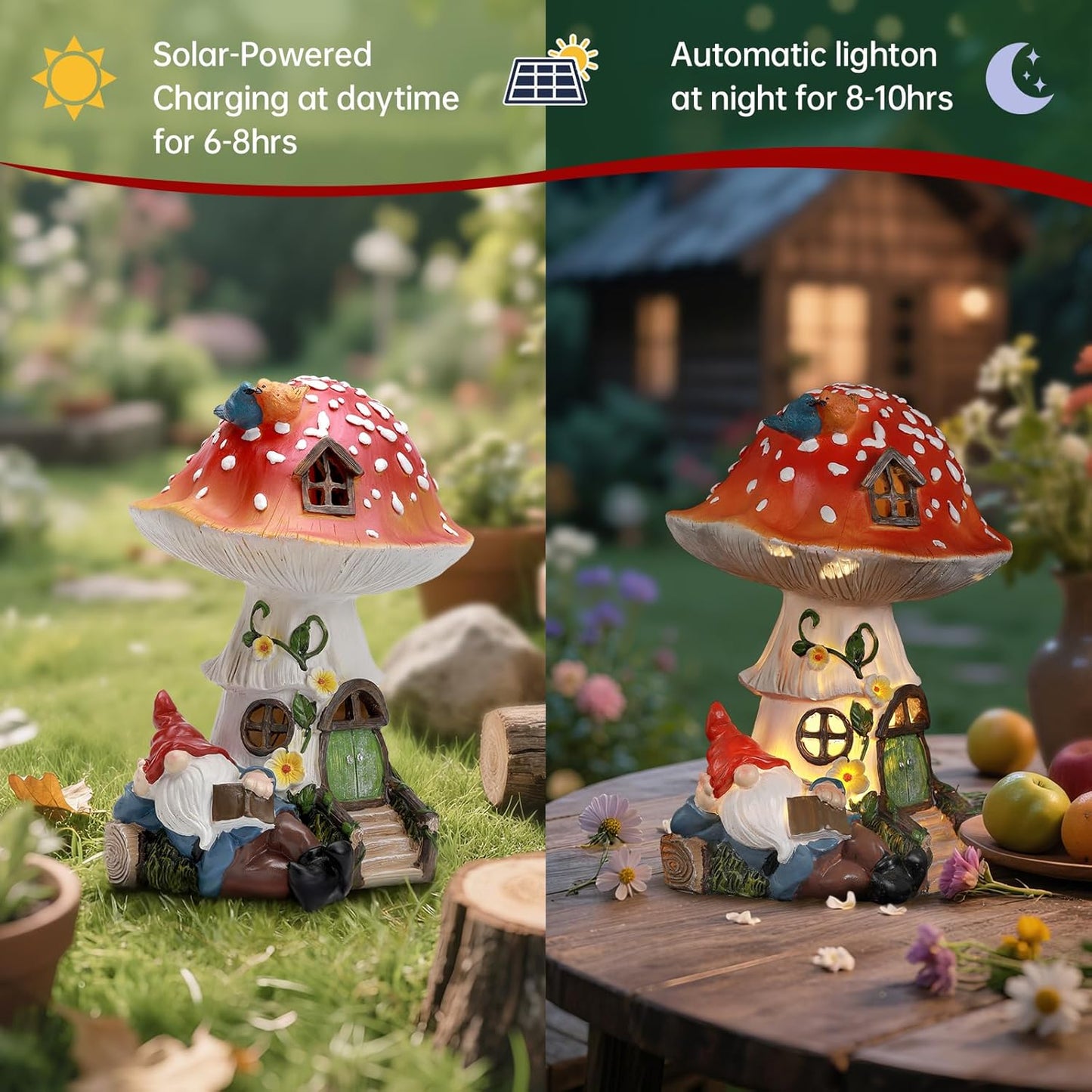 Solar Mushroom Gnome Reading Light, Weatherproof Resin Fairy Garden Figurine Decor Auto On/Off - Book Lover Gift for Pathway & Patio