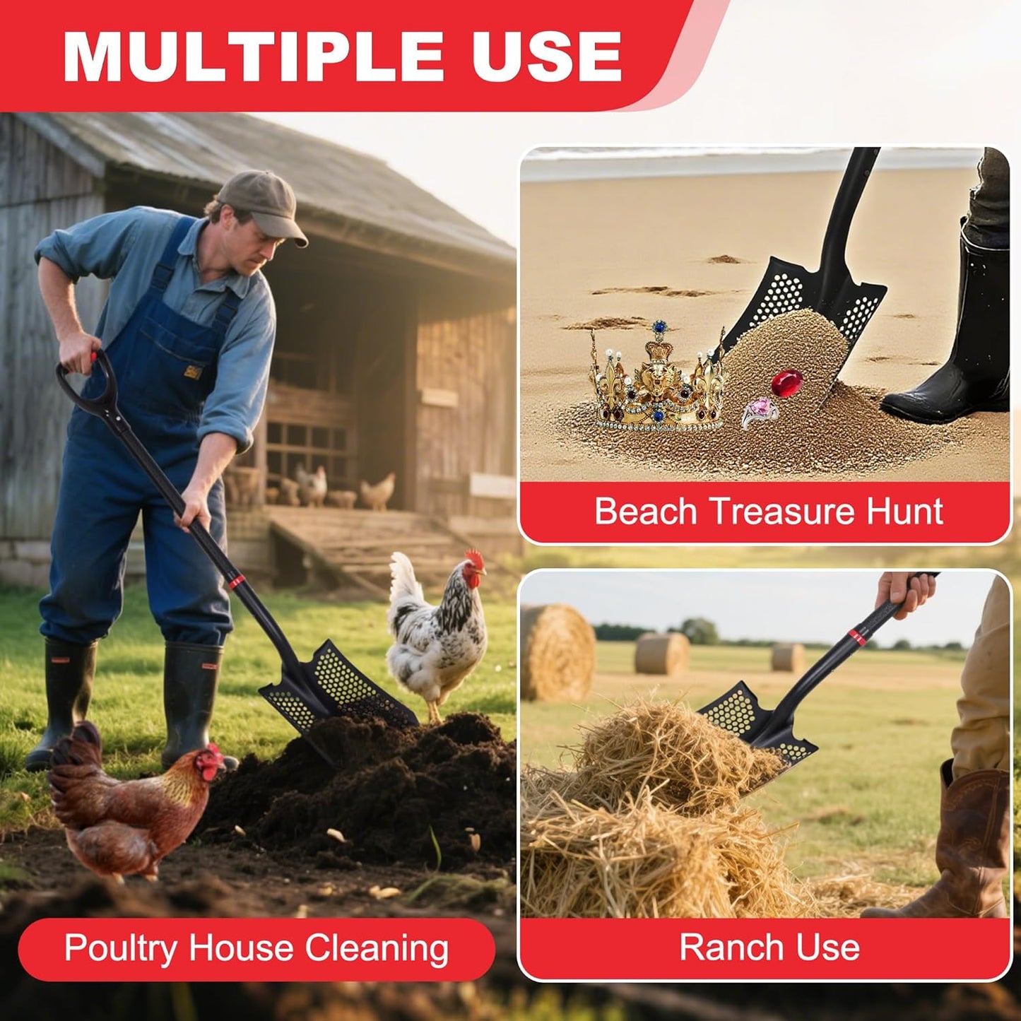 SHARK ATTACK Heavy Duty Sifting Shovel, 45 Inch Powder Coated Steel Mesh Shovel with D-Grip Handle for Beach, Soil & Chicken Coop, Farm Goat Stall Sand Poop Cleaning