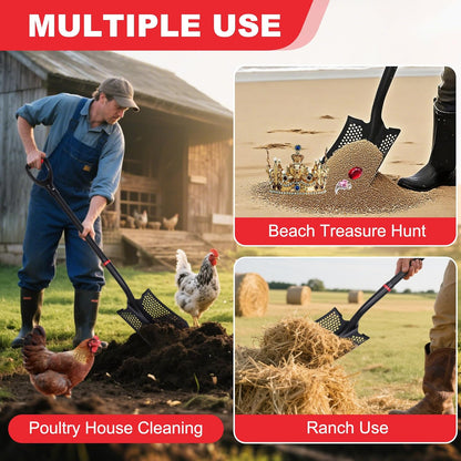 SHARK ATTACK Heavy Duty Sifting Shovel, 45 Inch Powder Coated Steel Mesh Shovel with D-Grip Handle for Beach, Soil & Chicken Coop, Farm Goat Stall Sand Poop Cleaning