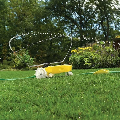 Nelson Rain Train Traveling Sprinkler for Yard, Heavy Duty Rotating Lawn Sprinkler with Large Area Coverage, Yellow