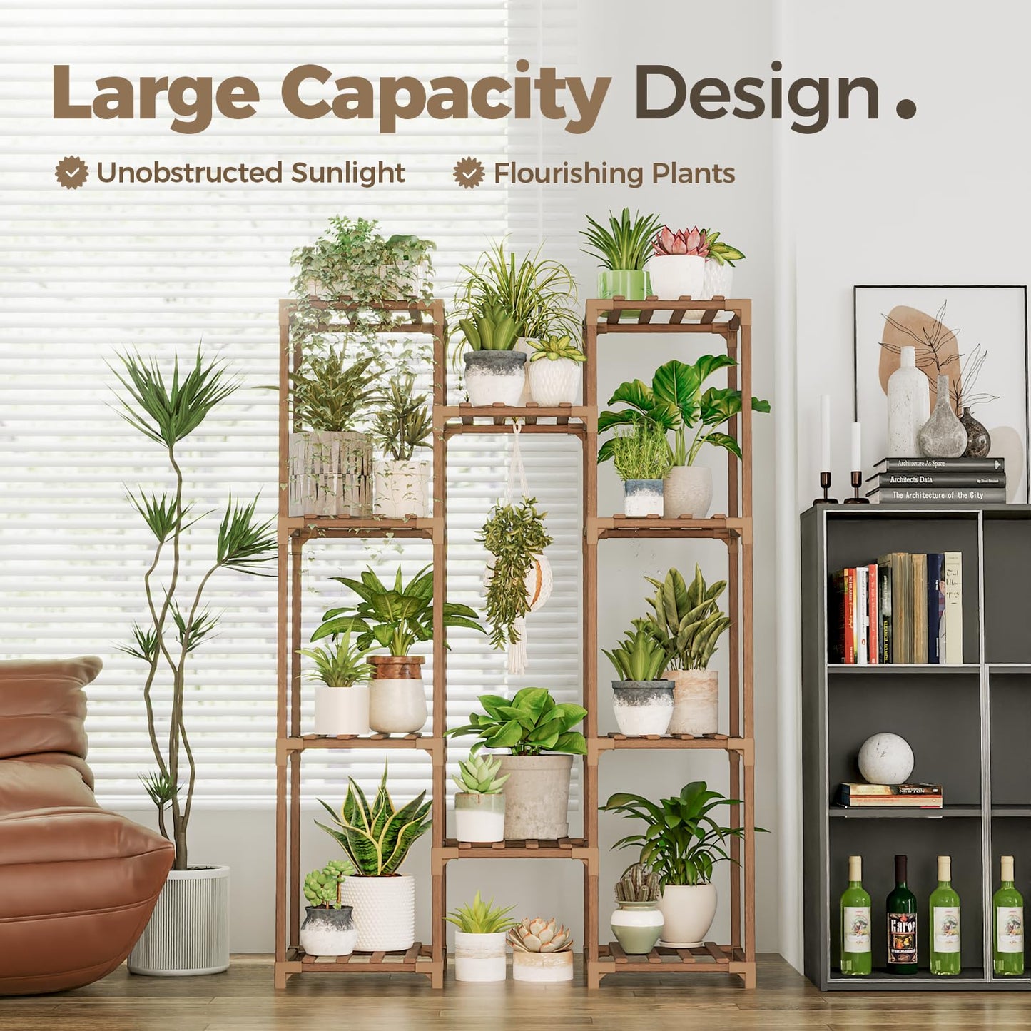 Bamworld Plant Stand Indoor Outdoor Tall Plant Shelf for Multiple Plants Pots Wood Flower Stand