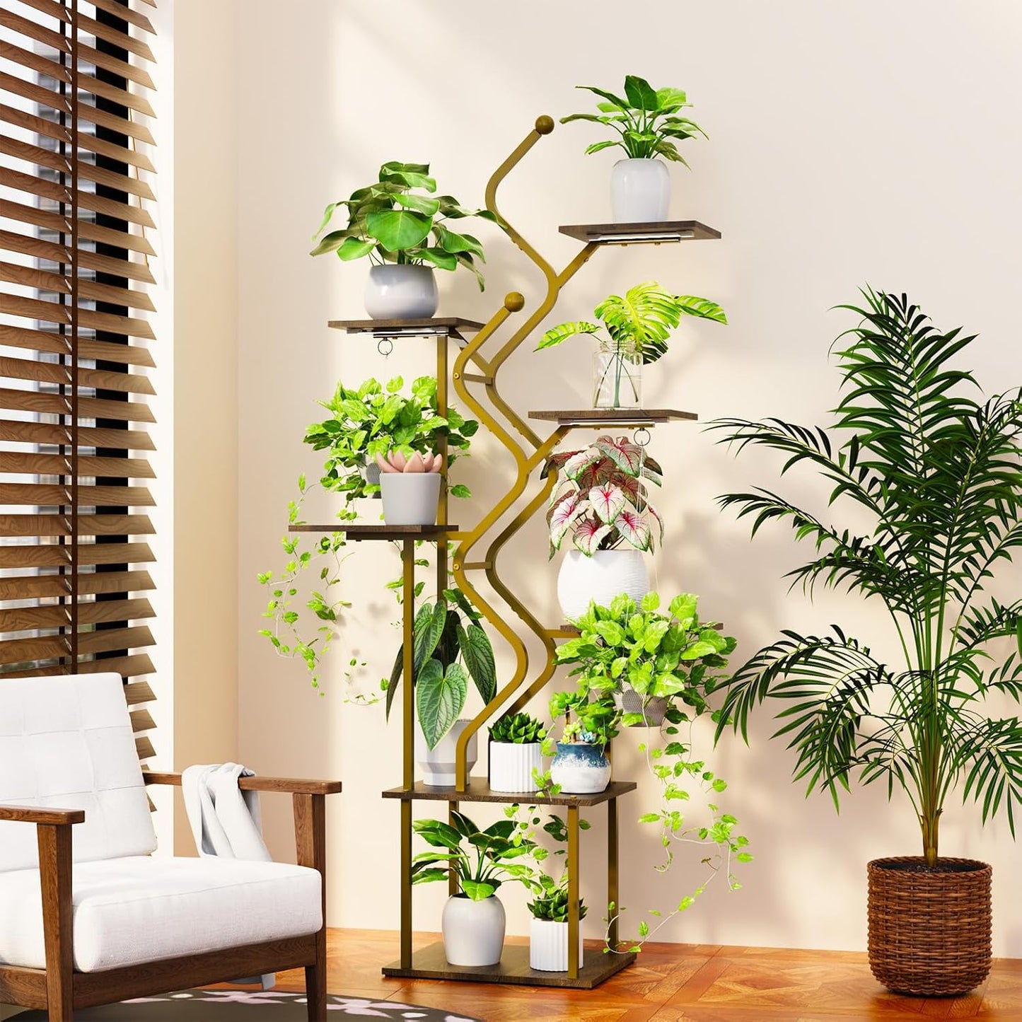 Bstrip 63 Inch Plant Stand with Grow Light, 7-Tier Indoor Plant Shelf with Hanging Hooks, Decor Corner Plant Stand for Living Room & Patio, Gold
