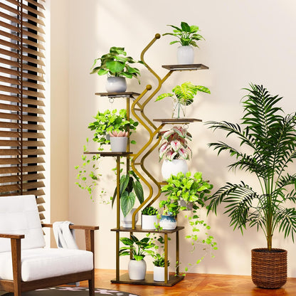 Bstrip 63 Inch Plant Stand with Grow Light, 7-Tier Indoor Plant Shelf with Hanging Hooks, Decor Corner Plant Stand for Living Room & Patio, Gold