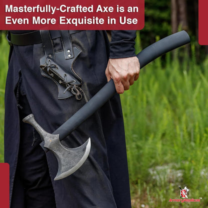 Armory Replicas™ Rustic Barbarian Hammerhead Battle Axe – 22.5" Steel Blade with Stone Finish & Wooden Handle – Versatile Tool for Camping, Outdoor Tasks