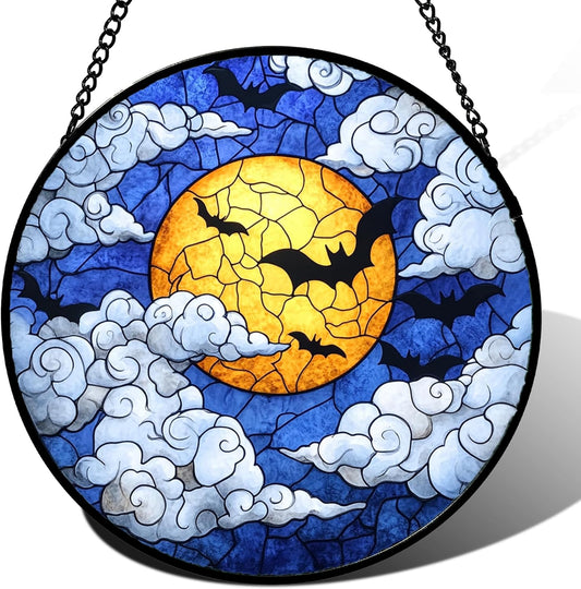 Stained Glass Window Hanging - Halloween Decorations Bats Moon Clouds Suncatcher for Doors Garden
