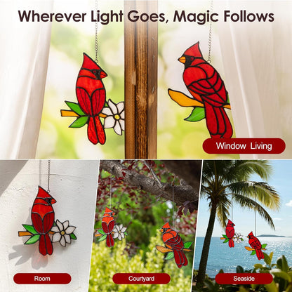 2-Pack Handmade Cardinal Stained Glass Window Hanging Suncatchers – Memorial Gifts for Women, Bird Lover Gifts, Colorful Sun Catcher Window Decor with Suction Hooks, Ready to Gift