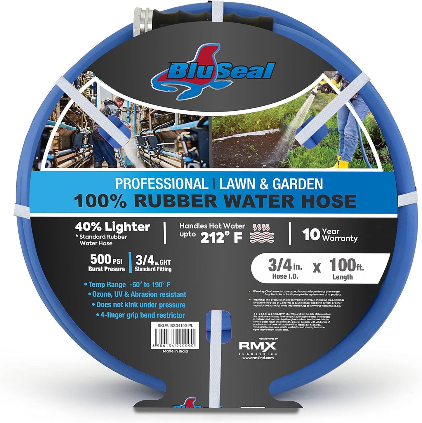 BluSeal Hot/Cold Water Rubber Garden Hose, 100% Rubber, Ultra-Light, Super Strong, 500 PSI, 50F to 190F Degrees, High Strength Polyester Braided (3/4" x 100')