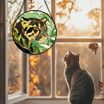 Stained Glass Window Hanging 4 Pcs Set Green Plants Animals Theme Large 11.8" - Bird Tiger Suncatcher Door Garden Sun Catcher Decor Birthday for Mom Woman Nana Men Friend