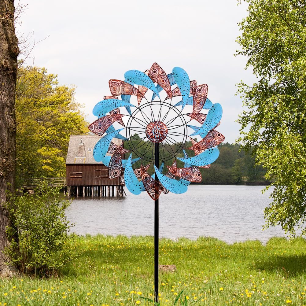 Viveta Large Wind Spinner for Yard and Garden，87.8”H *24.75" D Blue and Copper Colors Metal Outdoor Wind Sculptures & Spinners for Patio Lawn Outdoor Yard Lawn Garden