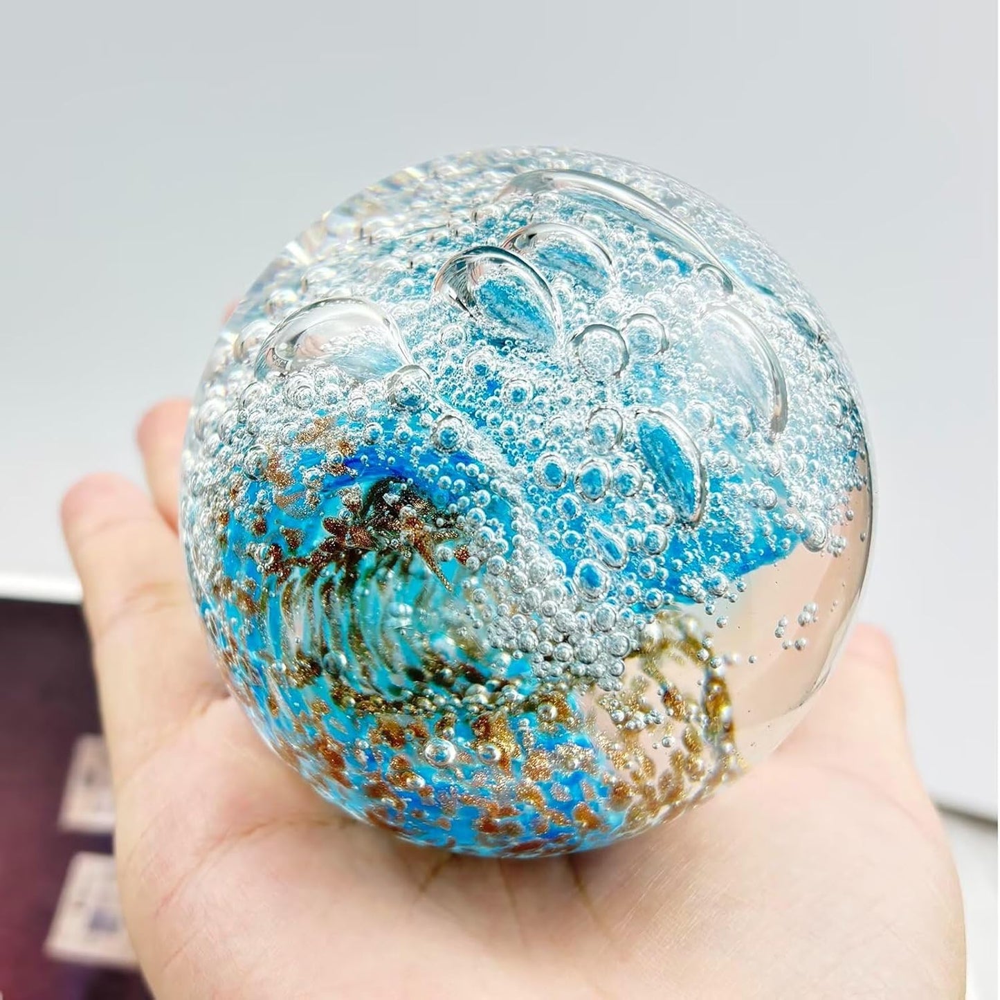 Decorative Crystal Ball Figurines Ocean Waves Paperweight Blown Glass Decor Sea Art Ocean Lovers Gift Blue Amber 3.15"