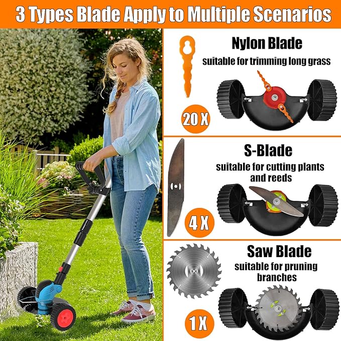 Electric Weed Wacker Cordless Eater Battery Powered Eater Lightweight Edger Portable Stringless Grass Trimmer/Lawn Mower/Brush Cutter, with 3 Types Blades & Wheels for Yard and Garden-Blue