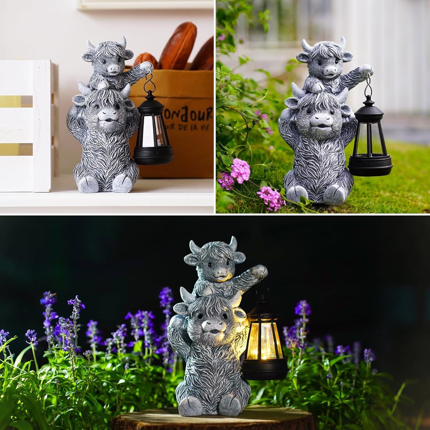 Solar Highland Cow Garden Decor - Resin Cow Statue with Solar Lantern Outdoor Yard Patio Decor - Ideal Gifts for Women,Mom Men (Grey)