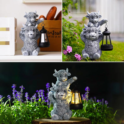 Solar Highland Cow Garden Decor - Resin Cow Statue with Solar Lantern Outdoor Yard Patio Decor - Ideal Gifts for Women,Mom Men (Grey)