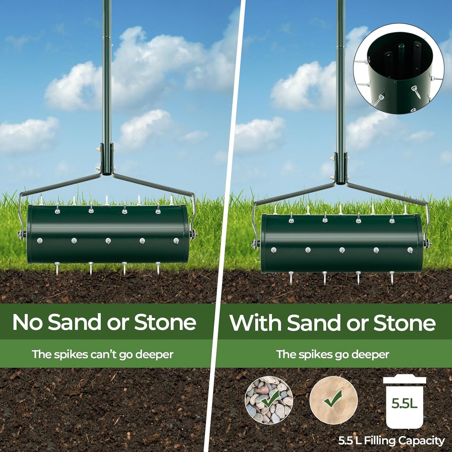 S AFSTAR 18" Manual Lawn Aerator, Heavy Duty Rolling Aerator Lawn Tool Filled Sand Stone with 51" Detachable Handle & Tine Spikes for Soil Loosening, Push Grass Aeration for Garden Yard
