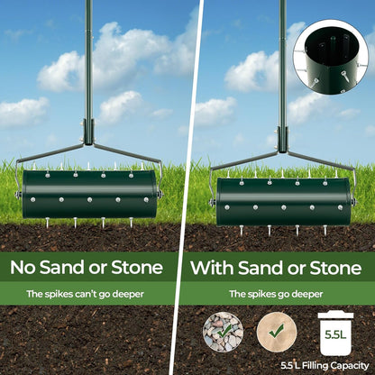 S AFSTAR 18" Manual Lawn Aerator, Heavy Duty Rolling Aerator Lawn Tool Filled Sand Stone with 51" Detachable Handle & Tine Spikes for Soil Loosening, Push Grass Aeration for Garden Yard