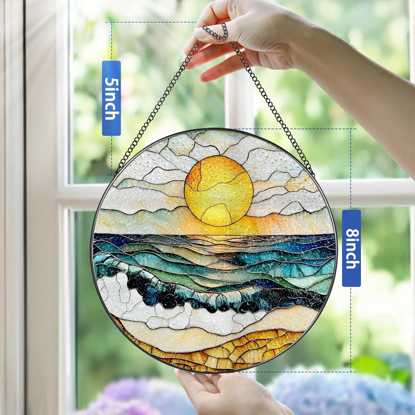 8-Inch Stained Glass Ornament, Stained Glass Window Hanging, Window Hanging Decor Suncatcher, Beach Sunset Ornament | Summer Vibes Gift | Gifts for Beach Lovers, Friend & Family