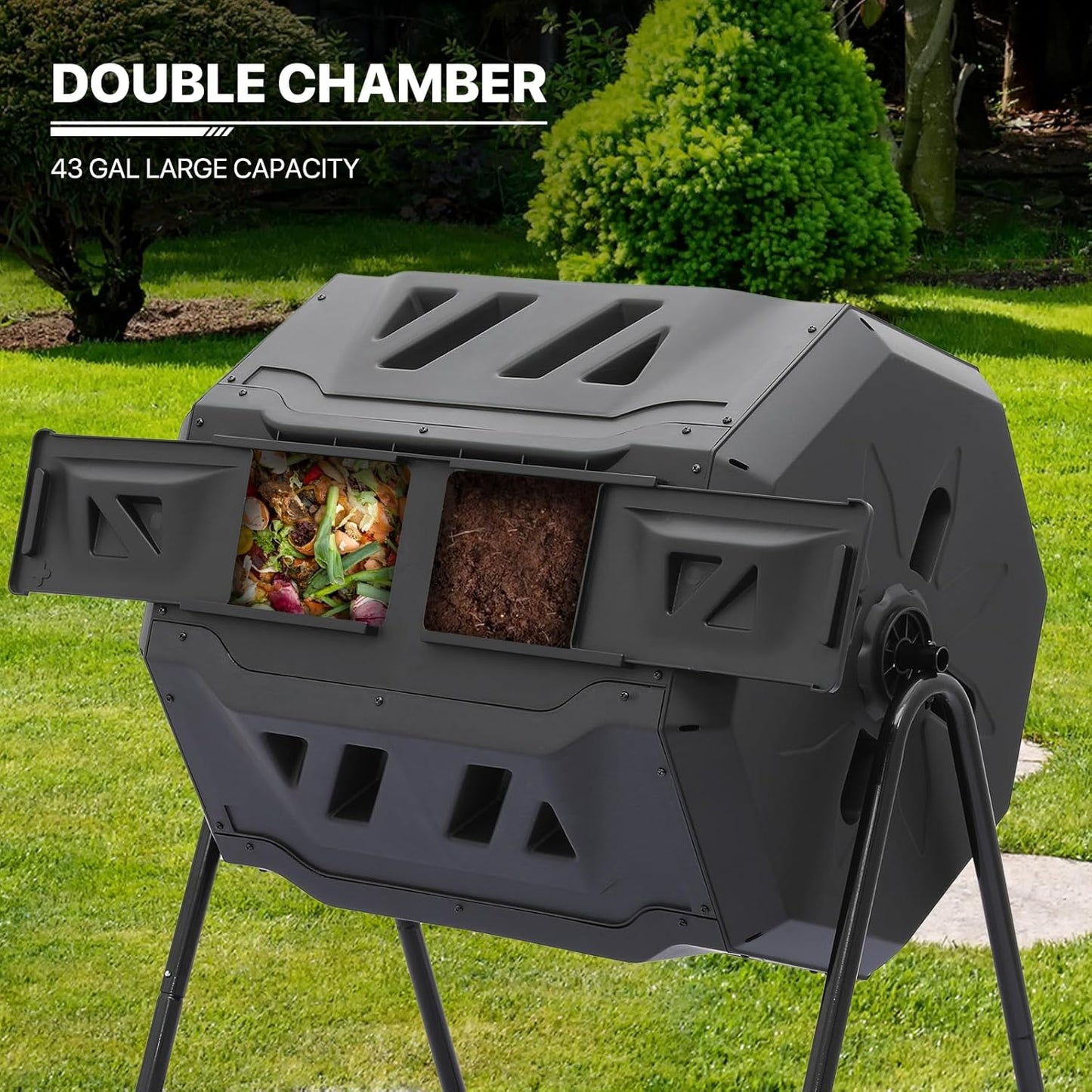 MoNiBloom 43 Gallon Compost Tumbler, Outdoor BPA Free Large Dual Chamber Tumbling Compost Bin All-Season Fast Working Tumbling Composter, High Volume Composter with 2 Sliding Doors