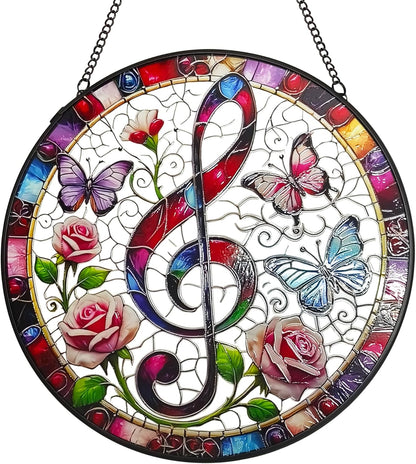 Treble Clef Stained Glass Window Hanging, 7.9'' Musical Note Suncatcher Window Decoration Music Lover Gifts