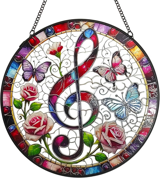 Treble Clef Stained Glass Window Hanging, 7.9'' Musical Note Suncatcher Window Decoration Music
