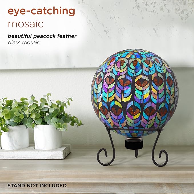 Alpine Corporation 10" Diameter Indoor/Outdoor Glass Mosaic Gazing Globe Yard Decoration, Peacock Feather Design
