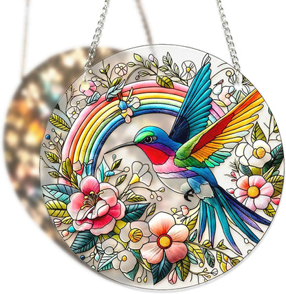 Hummingbird Suncatcher Stained Glass Window Hanging Original Design of Rainbow Hummingbirds Flowers for Sun Catchers Indoor Window Wall Art Home Decor Gift Painted Glass Panel