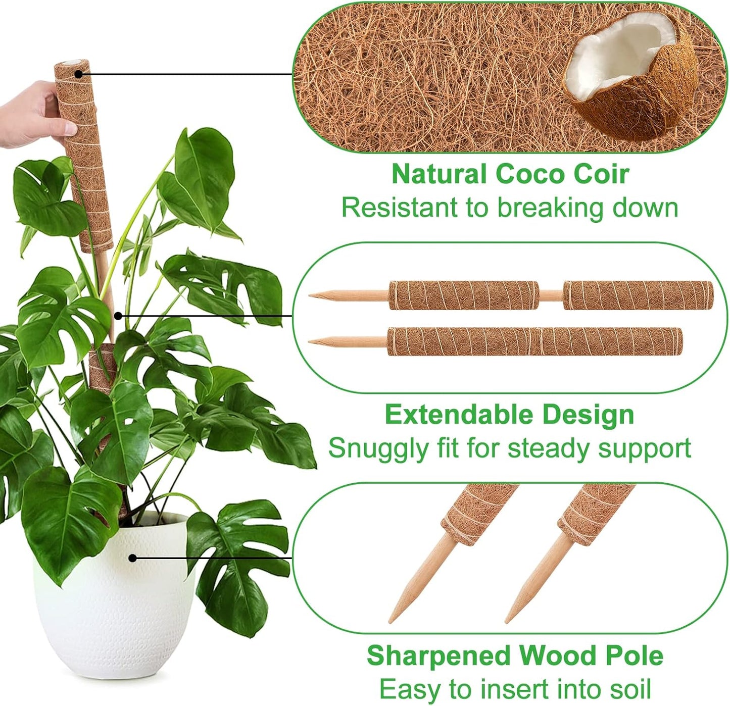 GROWNEER 42 Inch Moss Pole for Plants, 4 Pcs 15 Inch Stackable Coir Totem Support, Moss Sticks with 15pcs Labels and 78in Garden Ties, Monstera and Snake Plants Stake for Climbing Indoor