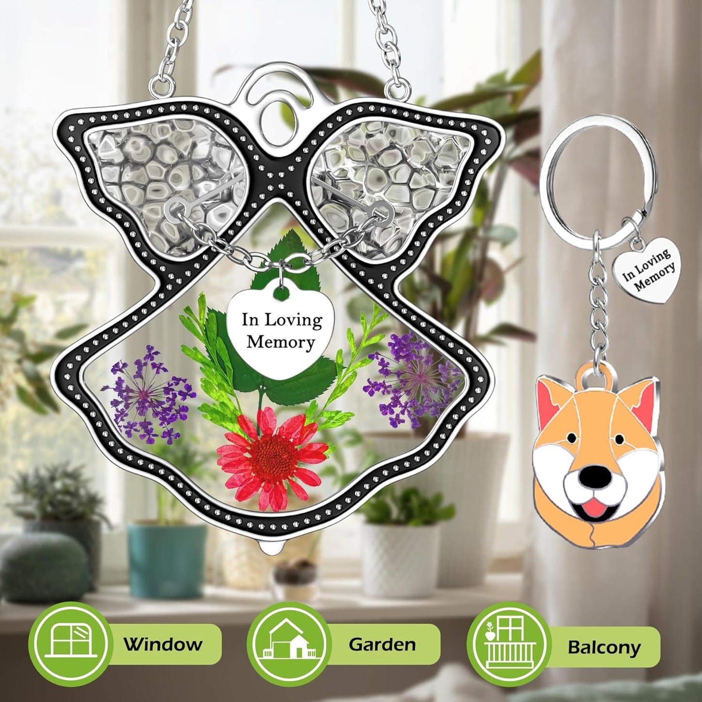 KY&BOSAM Angle Suncatcher in Loving Memory Glass Sun Catchers for Windows Hanging Wind Chime Ornament Pressed Real Flower and Metal Heart Charm Sympathy Bereavement Memorial for Loss Gift