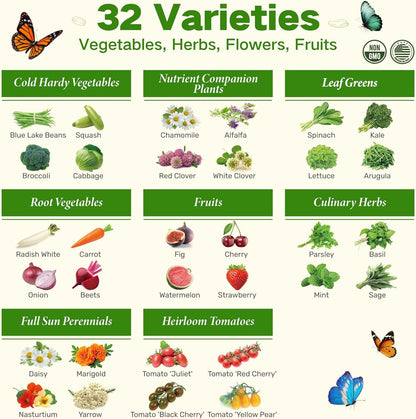 Lush&Dew Year-Round USDA Zone 9 Seed Bank, Gift for Mom Dad, 32 Varieties Non-GMO Heirloom Seeds of Vegetables Herbs, Gardening Gifts for Women Men, Survival Kit for Raised Garden Bed, Greenhouse