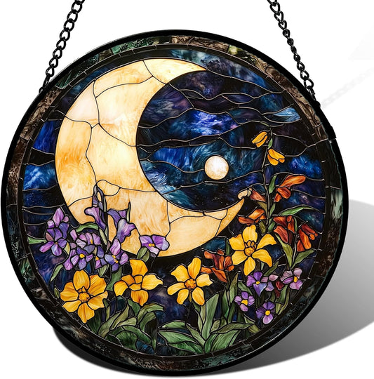Stained Glass Window Hanging - Blue Night Sky Moon Suncatcher for Door Terrace Garden Home Decor
