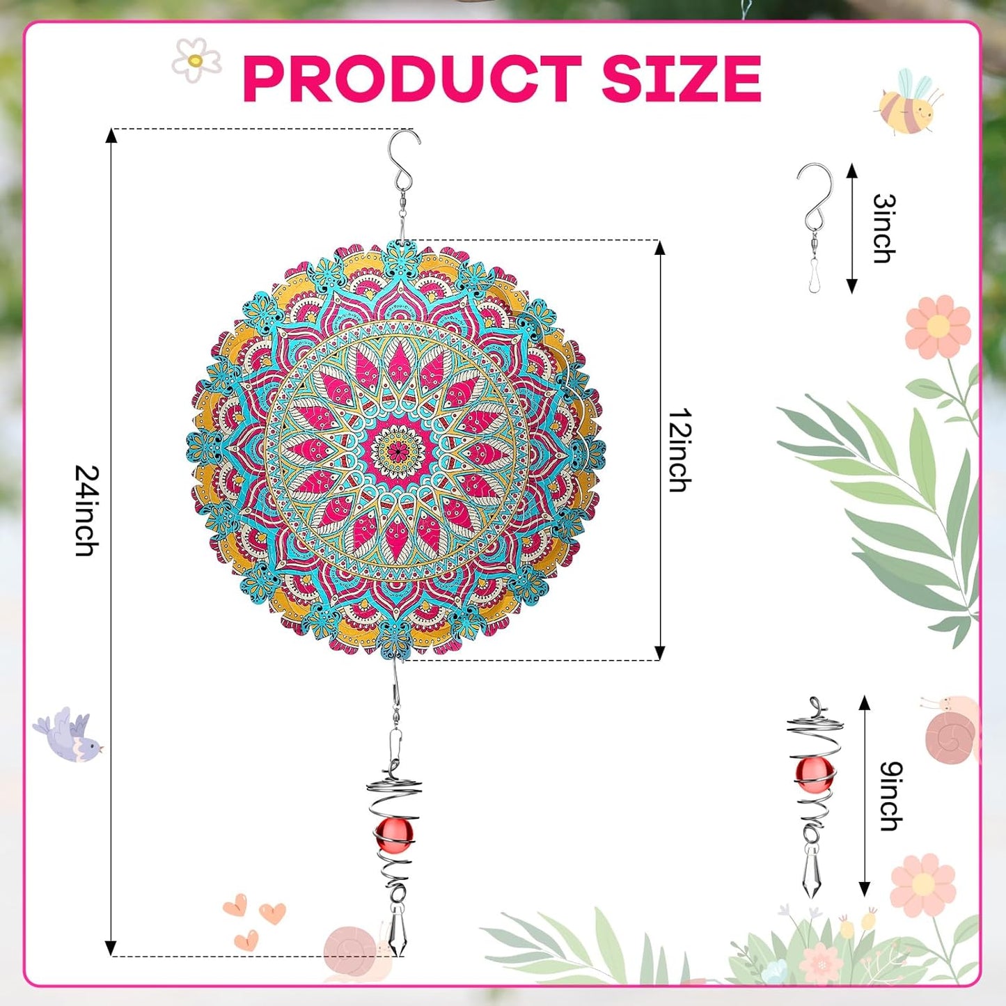 12 Inch Mandala Wind Spinners with Gazing Ball Spiral Tail, Outdoor 3D Stainless Steel Hanging Spinner Mandala Wind Catchers Sculpture for Indoor Outdoor Garden Yard Decoration (Flower)