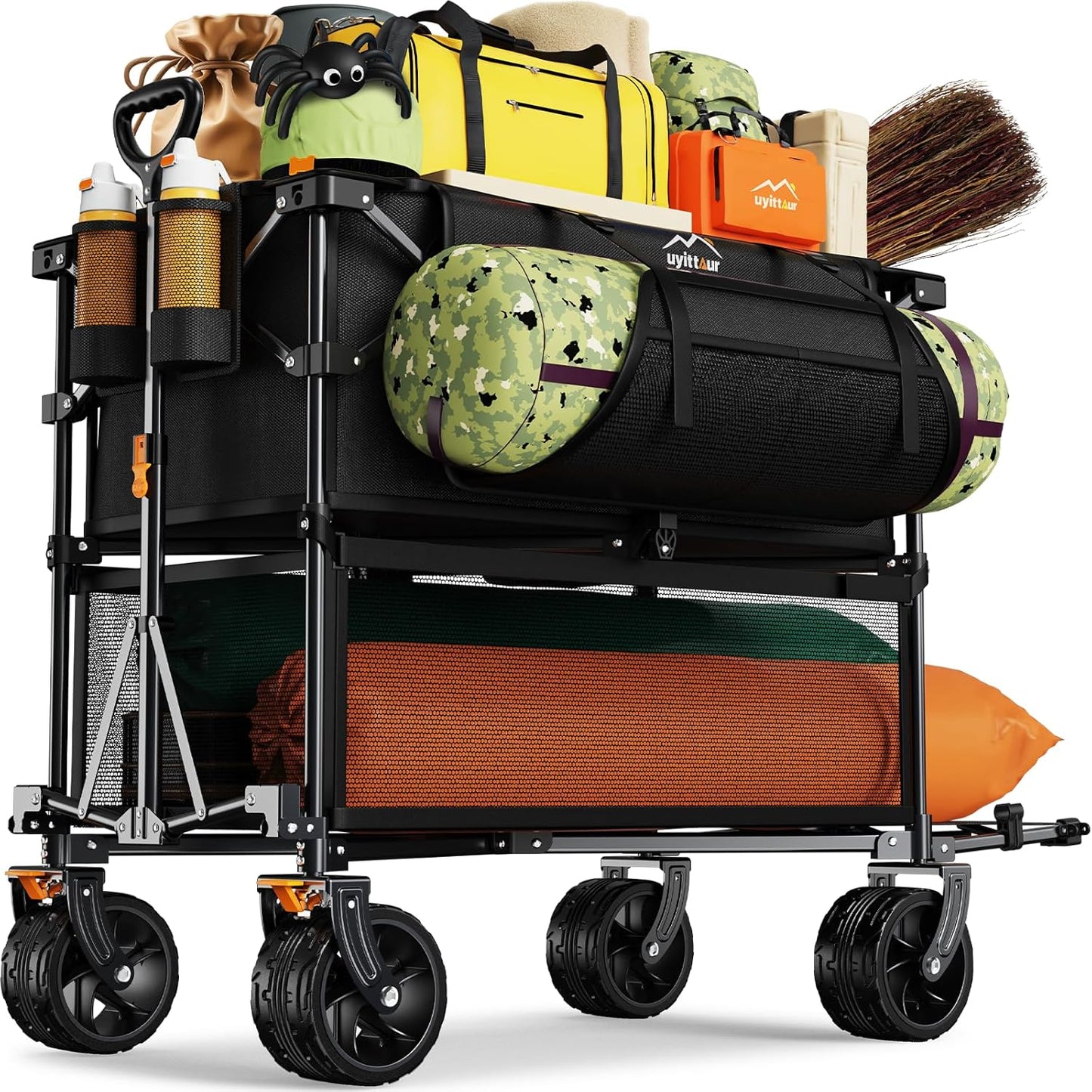 Foldable 50''L Extra Long Double Decker Wagon for Sport, 400L Collapsible Heavy Duty Wagon Cart with Big Wheels, Utility All-Terrain Large Extender Cart for Outdoors