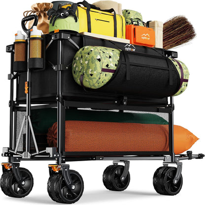 Foldable 50''L Extra Long Double Decker Wagon for Sport, 400L Collapsible Heavy Duty Wagon Cart with Big Wheels, Utility All-Terrain Large Extender Cart for Outdoors