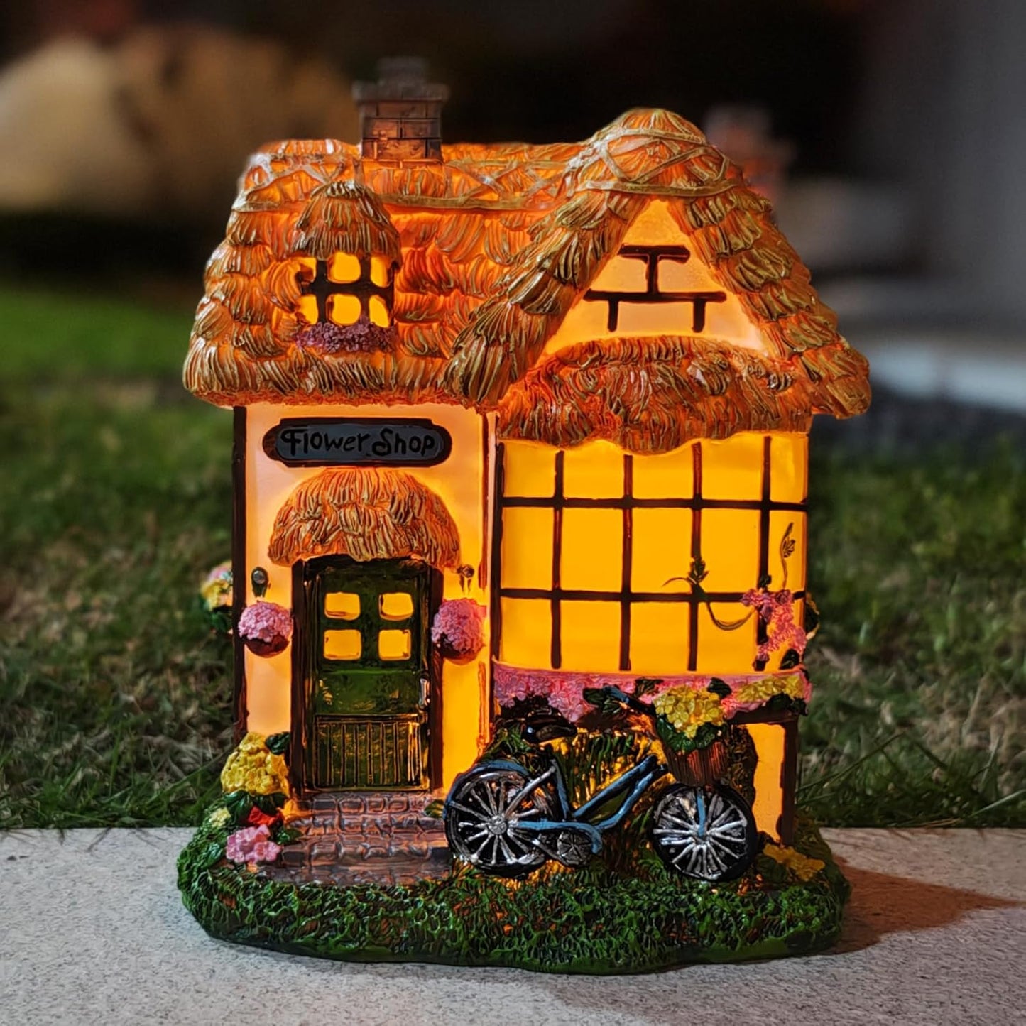 Prospect Thatched Cottage, Solar Statue Lights Mushroom Fairy House, Garden House Statues, Outdoor Memorial Ornaments Waterproof Decoration for Outside Patio Yard Lawn Decor
