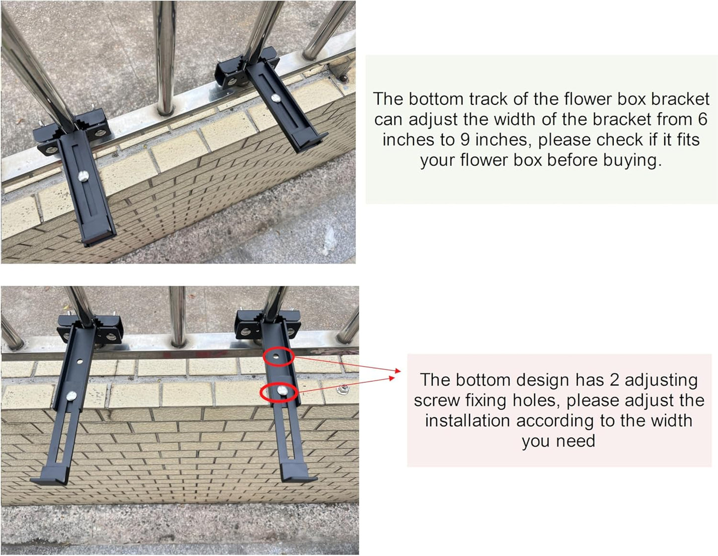 Balustrades Flower Box Supports, Planter Box Supports, Window Box Supports (6-9 Inches)，for Balustrades, Terraces, Decks, Balconies, Fences (Black 2 Pack)