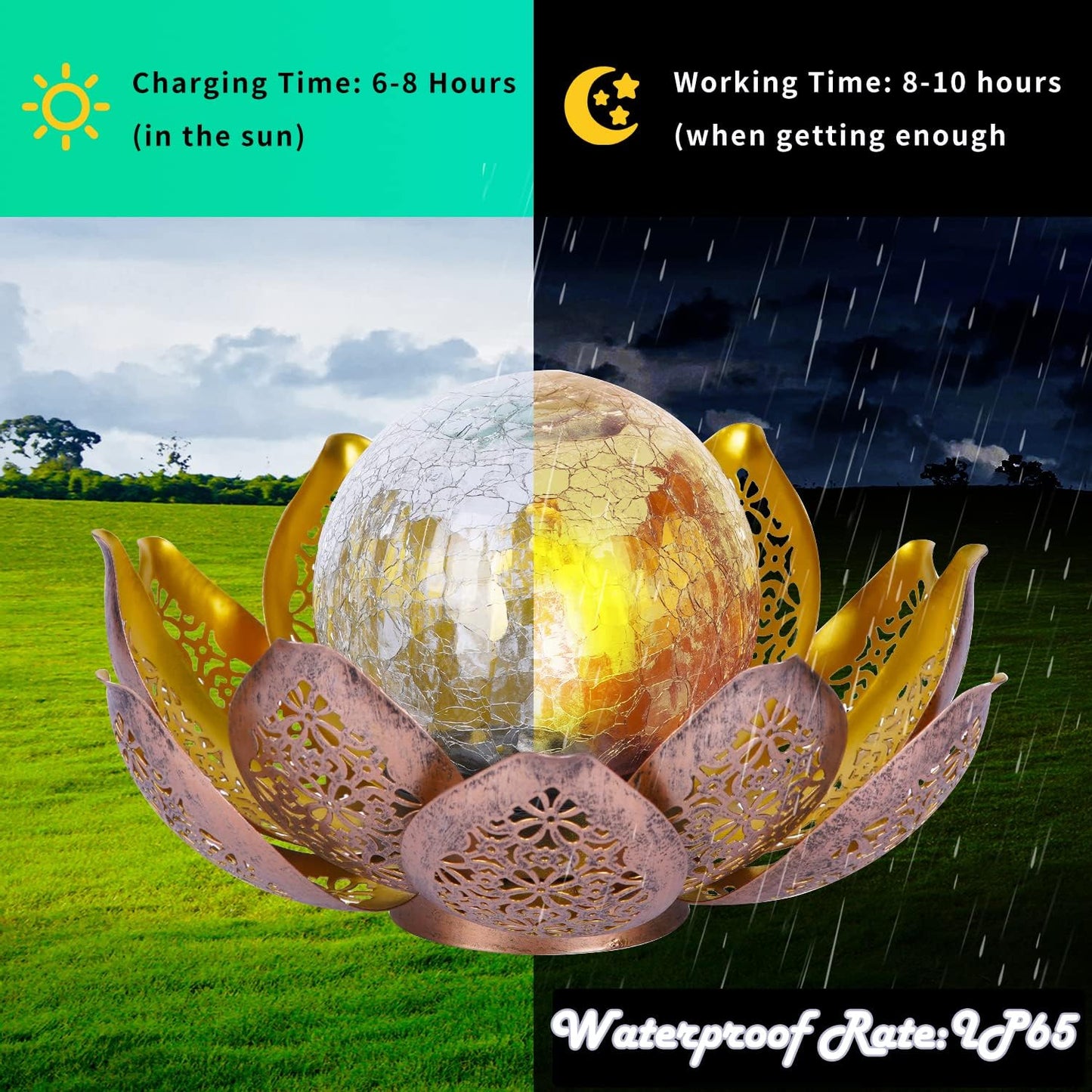 DUSVALLY Lotus Solar Globe LED Light Garden Decoration, Outdoor IP65-Waterproof Crack Glass Solar Flower Lamp Hollow Out Retro Golden Metal Light for Patio, Lawn & Pathway Landscape, 12" W * 6" H