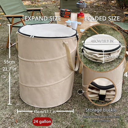 Pop up Camping Trash can with lid,Collapsible 24 Gallons Trash can with Sorting Clips,Garden Garbage Bag with Lid,Lawn and Leaf Bags - Reusable Yard Waste Bags (Beige Coffee)