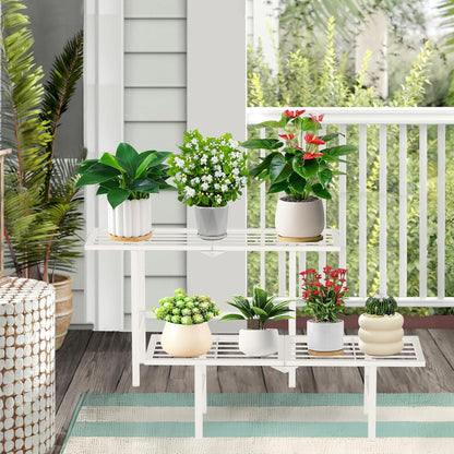 2 Tier Metal Foldable Plant Stand Outdoor Indoor Waterproof, Stackable Heavy Duty Outdoor Plant Shelf, Ladder Plant Stands Display Rack for Garden Window, White
