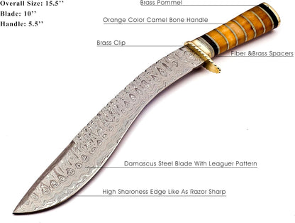 Delta :Handmade Damascus steel 15" Kukri knife-Damascus Steel Knife-for Outdoor & indoor Survivals, Best for Hunting,Camping With Original Camel Bone Handle