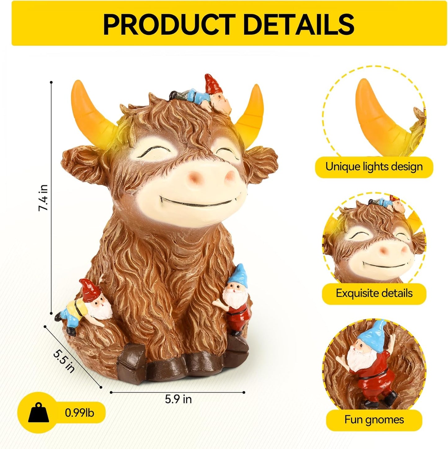 Solar Garden Statue Highland Cow Figurine with Funny Gnomes Garden Outdoor Decor for Yard Patio Lawn Christmas Housewarming Gifts for Women,Mom,Grandma (Brown)