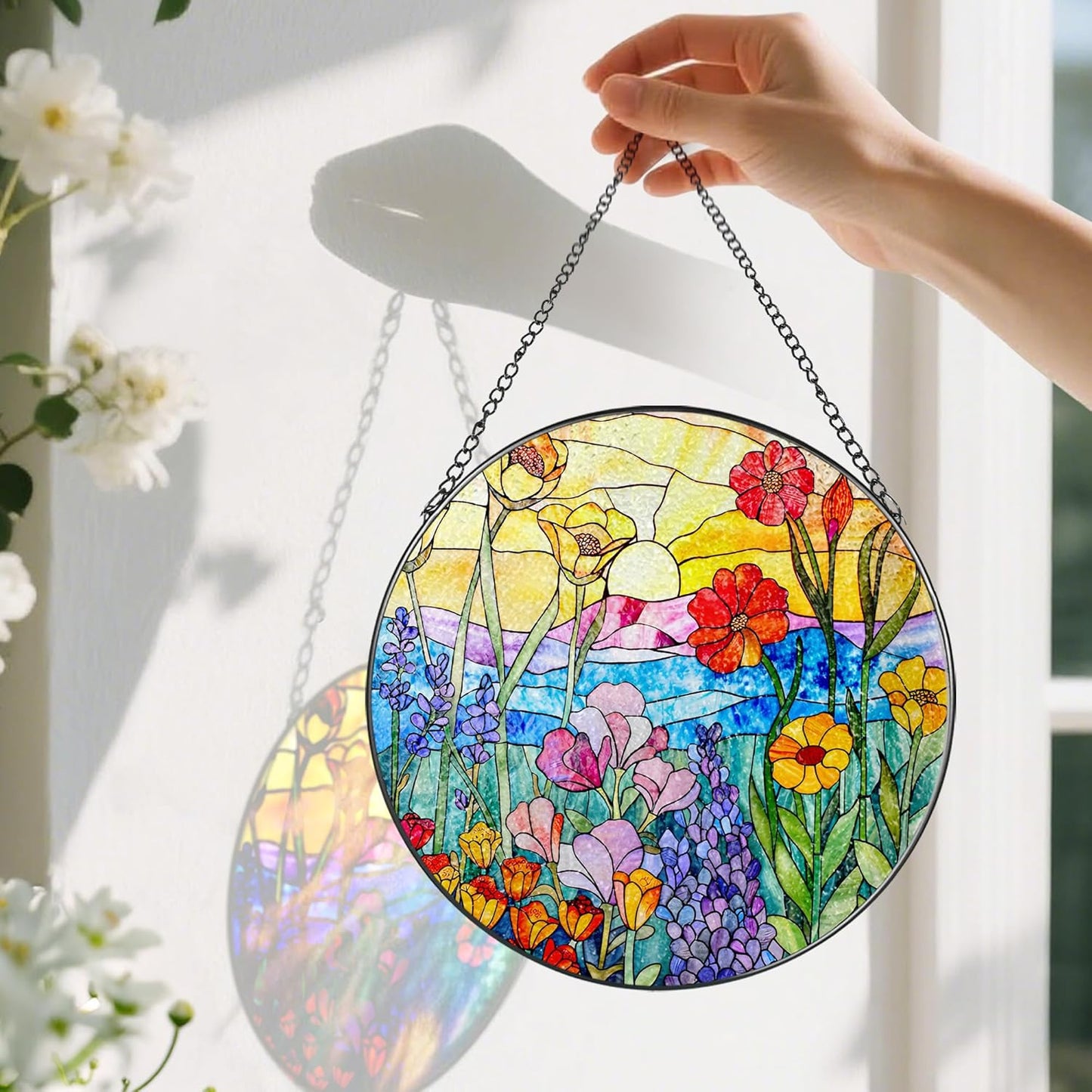 8-Inch Stained Glass Ornament, Stained Glass Window Hanging, Window Hanging Decor, Suncatcher Home Decor, Wildflowers Ornament | Mother's Day, Birthday, Christmas, Housewarming Gifts