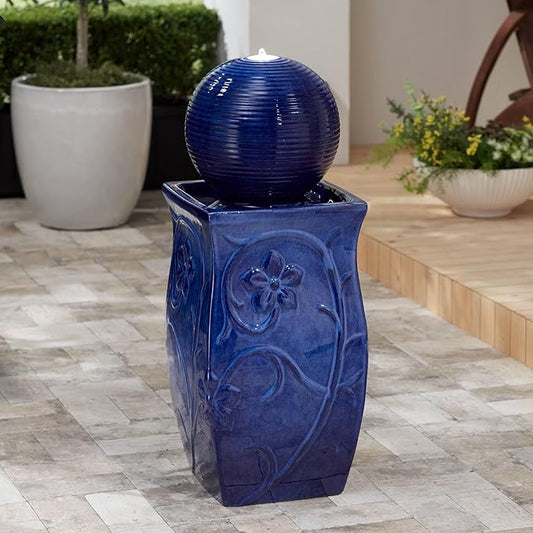 Periwinkle 29 1/4" High Large Zen Outdoor Decor Blue Ceramic Floor Fountain with Light LED Ball Standing Sphere Bubbler Water Feature for Outside Garden Patio Yard Backyard Porch - John Timberland