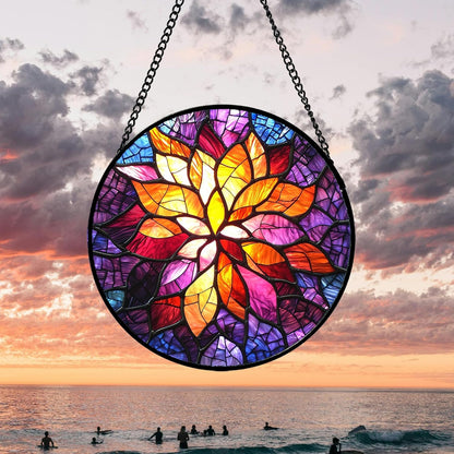Stained Glass Window Hanging, Fuchsia Abstract Flowers Suncatcher for Window Home Decor Orange Sun Catcher Mother's Day Birthday Gifts for Women Men Mom Nana 9.8 in
