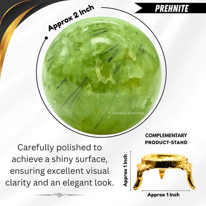 Amazing Gemstone Prehnite Crystal Ball with Stand - 2 Inches Crystal Sphere Meditation Balls for Witchcraft and Decorative Balls